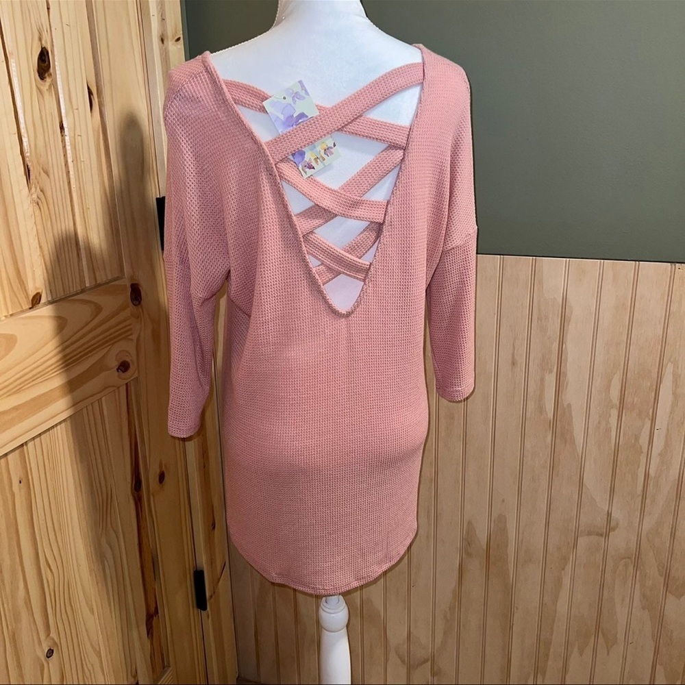 Waffle Knit 3 quarter sleeve cross back top
